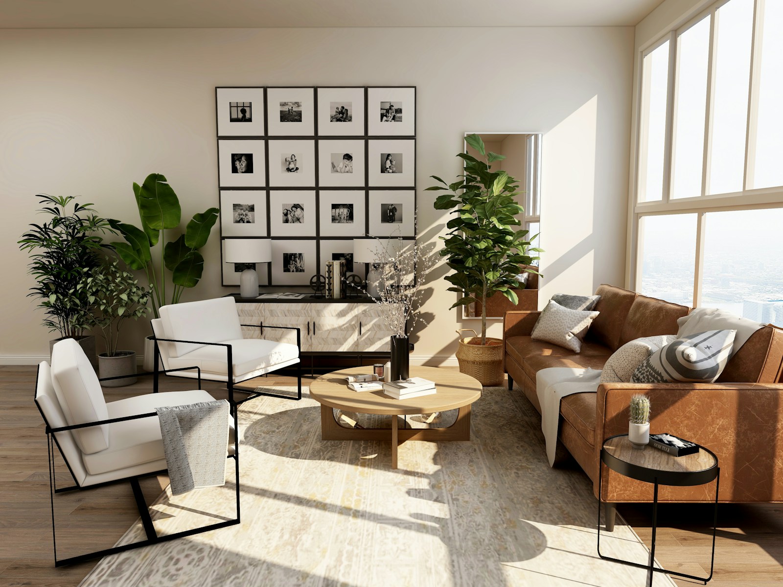 Warm, light-filled living room with a linen sofa, natural wood furniture, and soft textures
