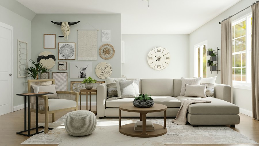 Thoughtfully arranged living space with natural materials and warm neutral tones